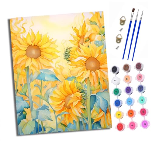 Malen nach Zahlen Erwachsene Helles Sonnenblumenfeld DIY Handgemalt Ölgemälde Kit Mit 3 - Pinseln und Acrylfarbe Knitterfreie Leinwand set - 40 X 50 CM Mit Rahmen von XXHXIE