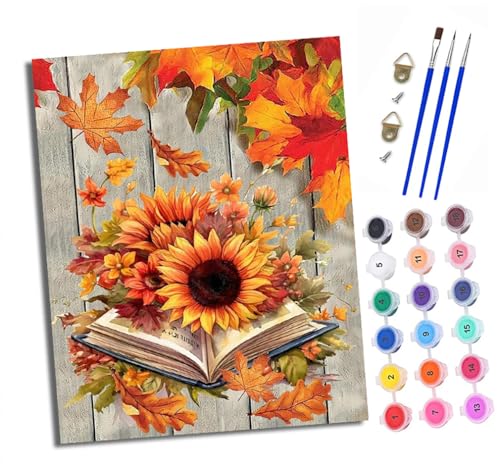 Malen nach Zahlen Erwachsene Herbststrauß auf dem Buch DIY Handgemalt Ölgemälde Kit Paint by Numbers Adult Mit 3 - Pinseln und Acrylfarbe knitterfreie leinwand Kit - 40 X 50 CM von XXHXIE