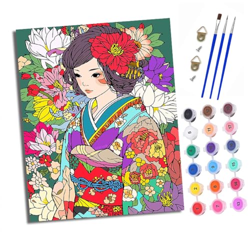 Malen nach Zahlen Erwachsene Japanische Mädchen Blumen DIY Handgemalt Ölgemälde Kit Paint by Numbers Adult Mit 3 - Pinseln und Acrylfarbe Knitterfreie Leinwand set - 40 X 50 CM von XXHXIE