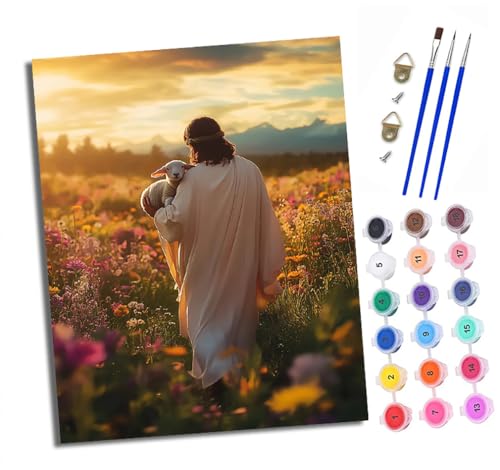 Malen nach Zahlen Erwachsene Jesus und das Lamm Zurück DIY Handgemalt Ölgemälde Kit Mit 3 - Pinseln und Acrylfarbe knitterfreie leinwand Kit - 40 X 50 CM Mit Rahmen von XXHXIE