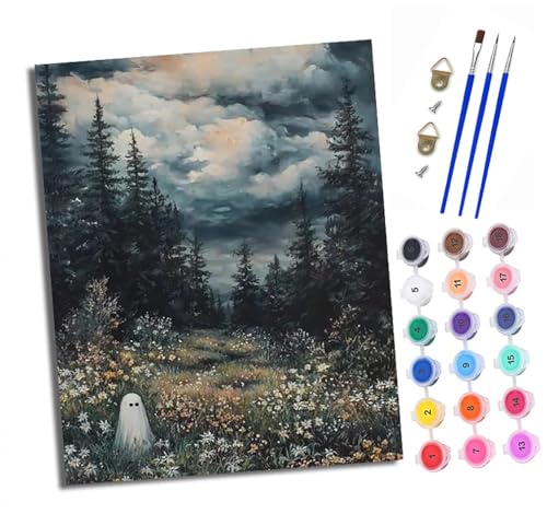 Malen nach Zahlen Erwachsene Kleines Gespenst im Wald Blumen DIY Handgemalt Ölgemälde Kit Mit 3 - Pinseln und Acrylfarbe knitterfreie leinwand Kit - 40 X 50 CM Mit Rahmen von XXHXIE