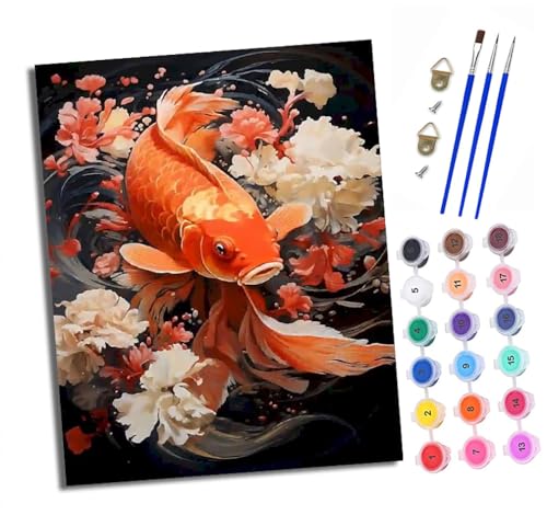 Malen nach Zahlen Erwachsene Koi und Blumen DIY Handgemalt Ölgemälde Kit Mit 3 - Pinseln und Acrylfarbe Knitterfreie Leinwand set - 40 X 50 CM Mit Rahmen von XXHXIE