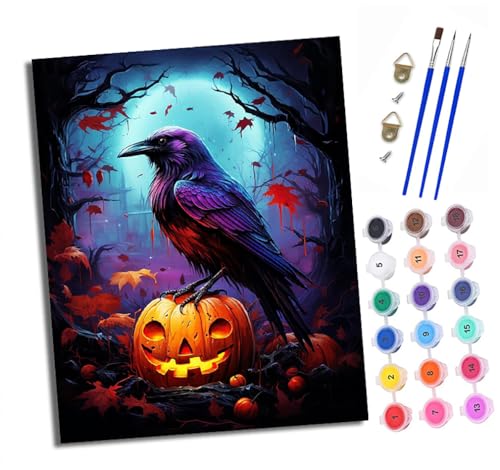 Malen nach Zahlen Erwachsene Krähe auf einem Kürbis DIY Handgemalt Ölgemälde Kit Paint by Numbers Adult Mit 3 - Pinseln und Acrylfarbe Knitterfreie Leinwand set - 40 X 50 CM von XXHXIE