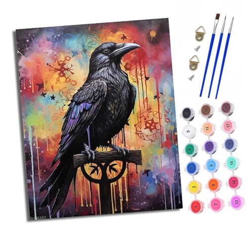 Malen nach Zahlen Erwachsene Krähe im Tintenspritzer-Stil DIY Handgemalt Ölgemälde Kit Mit 3 - Pinseln und Acrylfarbe knitterfreie leinwand Kit - 40 X 50 CM Mit Rahmen von XXHXIE
