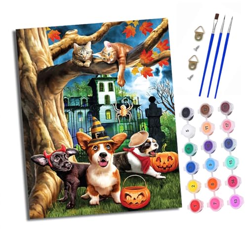 Malen nach Zahlen Erwachsene Kürbislaterne mit Welpen und Kätzchen DIY Handgemalt Ölgemälde Kit Mit 3 - Pinseln und Acrylfarbe knitterfreie leinwand Kit - 40 X 50 CM Mit Rahmen von XXHXIE
