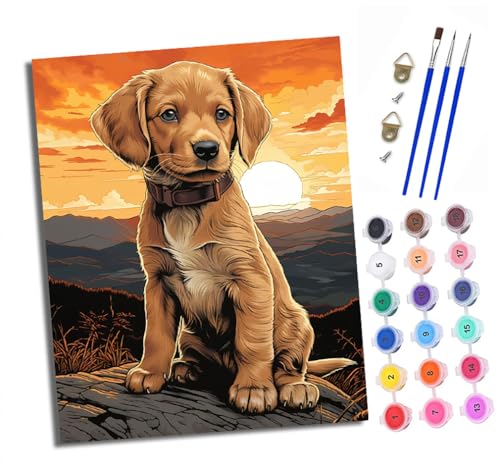Malen nach Zahlen Erwachsene Mountain Golden Retriever Welpe DIY Handgemalt Ölgemälde Kit Paint by Numbers Adult Mit 3 - Pinseln und Acrylfarbe knitterfreie leinwand Kit - 40 X 50 CM von XXHXIE