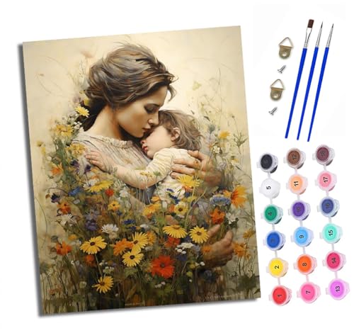 Malen nach Zahlen Erwachsene Mutterliebe im Blumenmeer DIY Handgemalt Ölgemälde Kit Paint by Numbers Adult Mit 3 - Pinseln und Acrylfarbe knitterfreie leinwand Kit - 40 X 50 CM von XXHXIE