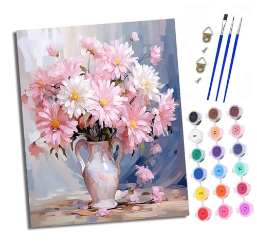 Malen nach Zahlen Erwachsene Rosa und weißes Gänseblümchen-Blumenarrangement DIY Handgemalt Ölgemälde Kit Paint by Numbers Adult Mit 3 - Pinseln und Acrylfarbe knitterfreie leinwand Kit - 40 X 50 CM von XXHXIE