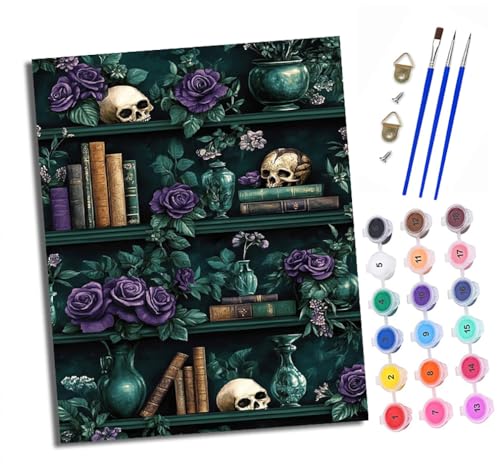 Malen nach Zahlen Erwachsene Rosen-Bücherregal-Totenkopf DIY Handgemalt Ölgemälde Kit Paint by Numbers Adult Mit 3 - Pinseln und Acrylfarbe knitterfreie leinwand Kit - 40 X 50 CM von XXHXIE