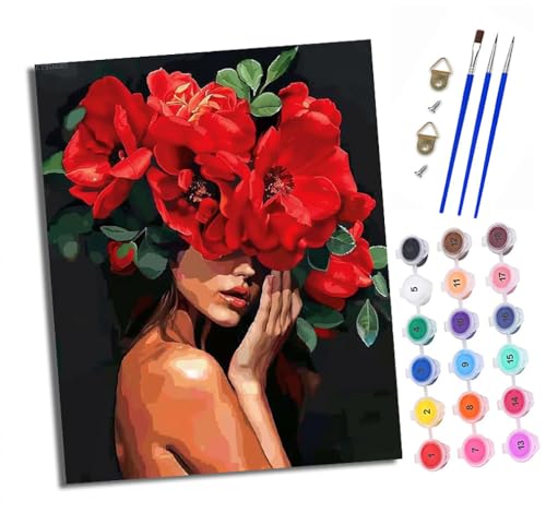 Malen nach Zahlen Erwachsene Rote Blumen Mädchen DIY Handgemalt Ölgemälde Kit Paint by Numbers Adult Mit 3 - Pinseln und Acrylfarbe Knitterfreie Leinwand set - 40 X 50 CM von XXHXIE