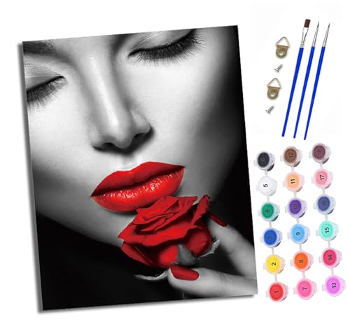 Malen nach Zahlen Erwachsene Rote Lippen und rote Rosen DIY Handgemalt Ölgemälde Kit Mit 3 - Pinseln und Acrylfarbe knitterfreie leinwand Kit - 40 X 50 CM Mit Rahmen von XXHXIE