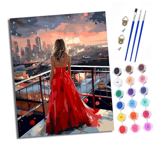 Malen nach Zahlen Erwachsene Roter Rock zurück mit Blick auf die Stadt DIY Handgemalt Ölgemälde Kit Mit 3 - Pinseln und Acrylfarbe Knitterfreie Leinwand set - 40 X 50 CM Mit Rahmen von XXHXIE