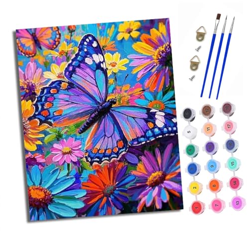Malen nach Zahlen Erwachsene Schmetterling und bunte Blumen DIY Handgemalt Ölgemälde Kit Paint by Numbers Adult Mit 3 - Pinseln und Acrylfarbe knitterfreie leinwand Kit - 40 X 50 CM von XXHXIE
