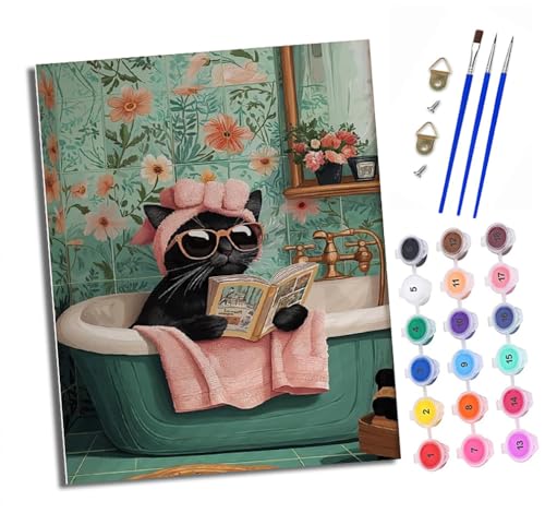 Malen nach Zahlen Erwachsene Schwarze Katze in der Badewanne DIY Handgemalt Ölgemälde Kit Paint by Numbers Adult Mit 3 - Pinseln und Acrylfarbe knitterfreie leinwand Kit - 40 X 50 CM von XXHXIE