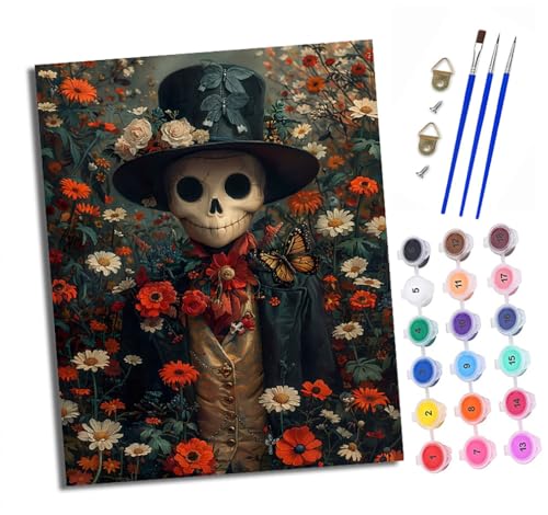 Malen nach Zahlen Erwachsene Skelett im Anzug zwischen Blumen DIY Handgemalt Ölgemälde Kit Paint by Numbers Adult Mit 3 - Pinseln und Acrylfarbe Knitterfreie Leinwand set - 40 X 50 CM von XXHXIE