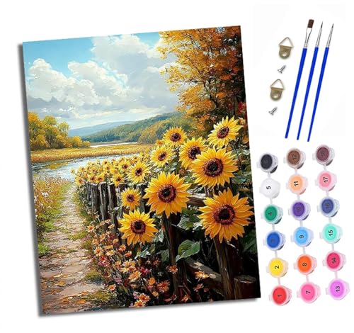 Malen nach Zahlen Erwachsene Sonnenblumenpfad DIY Handgemalt Ölgemälde Kit Paint by Numbers Adult Mit 3 - Pinseln und Acrylfarbe knitterfreie leinwand Kit - 40 X 50 CM von XXHXIE