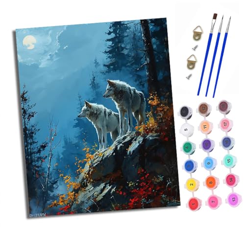 Malen nach Zahlen Erwachsene Timberwölfe in der Nacht DIY Handgemalt Ölgemälde Kit Mit 3 - Pinseln und Acrylfarbe Knitterfreie Leinwand set - 40 X 50 CM Mit Rahmen von XXHXIE