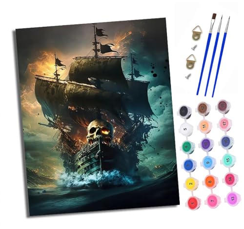 Malen nach Zahlen Erwachsene Totenkopf-Piratenschiff DIY Handgemalt Ölgemälde Kit Mit 3 - Pinseln und Acrylfarbe knitterfreie leinwand Kit - 40 X 50 CM Mit Rahmen von XXHXIE