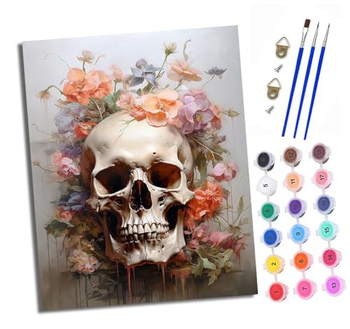 Malen nach Zahlen Erwachsene Totenkopf und Blumen DIY Handgemalt Ölgemälde Kit Paint by Numbers Adult Mit 3 - Pinseln und Acrylfarbe Knitterfreie Leinwand set - 40 X 50 CM von XXHXIE