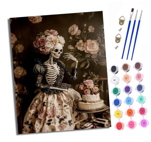 Malen nach Zahlen Erwachsene Totenkopf- und Blumenkuchen DIY Handgemalt Ölgemälde Kit Mit 3 - Pinseln und Acrylfarbe Knitterfreie Leinwand set - 40 X 50 CM Mit Rahmen von XXHXIE