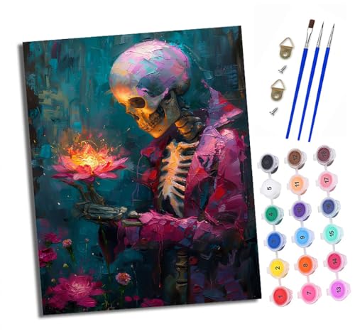 Malen nach Zahlen Erwachsene Totenkopfrahmen Lotuslaterne DIY Handgemalt Ölgemälde Kit Paint by Numbers Adult Mit 3 - Pinseln und Acrylfarbe Knitterfreie Leinwand set - 40 X 50 CM von XXHXIE