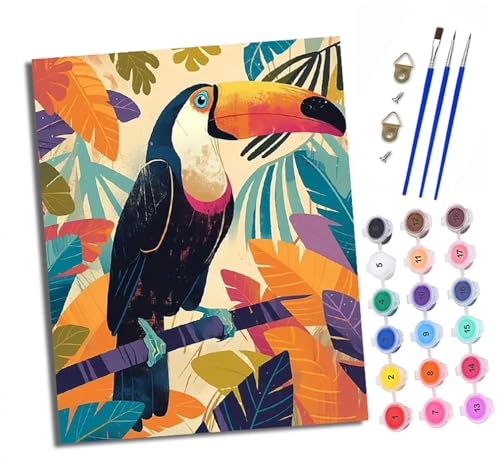Malen nach Zahlen Erwachsene Tukan und bunte Blätter DIY Handgemalt Ölgemälde Kit Mit 3 - Pinseln und Acrylfarbe Knitterfreie Leinwand set - 40 X 50 CM Mit Rahmen von XXHXIE