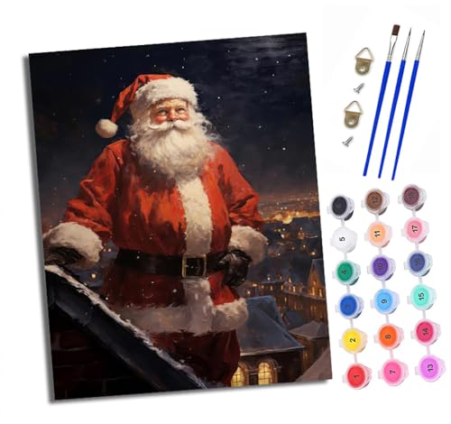 Malen nach Zahlen Erwachsene Weihnachtsmann auf dem Dach DIY Handgemalt Ölgemälde Kit Mit 3 - Pinseln und Acrylfarbe knitterfreie leinwand Kit - 40 X 50 CM Mit Rahmen von XXHXIE