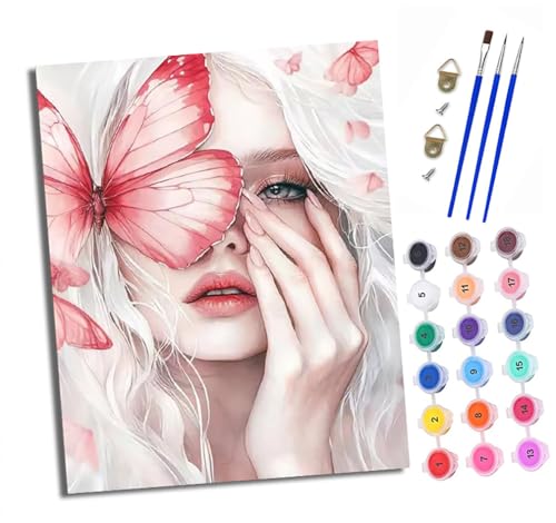 Malen nach Zahlen Erwachsene Weißhaarige Frau tanzt mit Schmetterlingen DIY Handgemalt Ölgemälde Kit Paint by Numbers Adult Mit 3 - Pinseln und Acrylfarbe knitterfreie leinwand Kit - 40 X 50 CM von XXHXIE