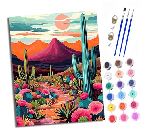 Malen nach Zahlen Erwachsene Wüstensonnenuntergang Kaktus DIY Handgemalt Ölgemälde Kit Paint by Numbers Adult Mit 3 - Pinseln und Acrylfarbe Knitterfreie Leinwand set - 40 X 50 CM von XXHXIE