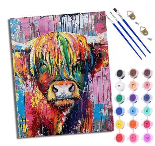 Malen nach Zahlen für Erwachsene, Malen-nach-Zahlen-Set, schottisches Hochlandrind mit Acrylfarben, vorgedruckte Leinwand und Pinsel, Geschenk, Wanddekoration, 40,6 x 50,8 cm, ohne Rahmen von XXHXIE