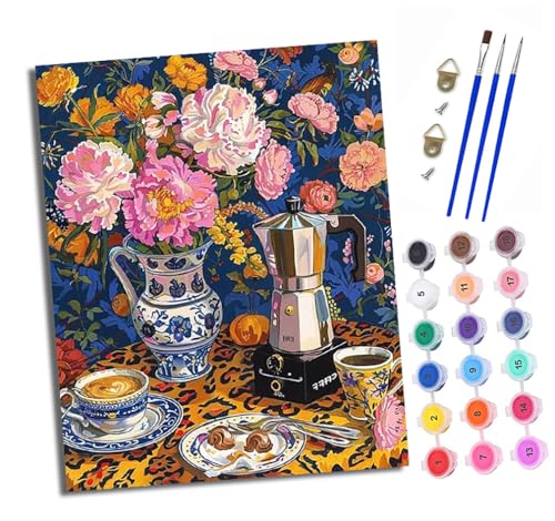 XXHXIE Malen Nach Zahlen Erwachsene-DIY Handgemalt Ölgemälde KitBlumenkaffeeszene für Anfänger Mit 3-Pinseln und Acrylfarbe Handgemalt öLgemäLde Kit Als Geschenk 40x50cm (Rahmenlos) von XXHXIE