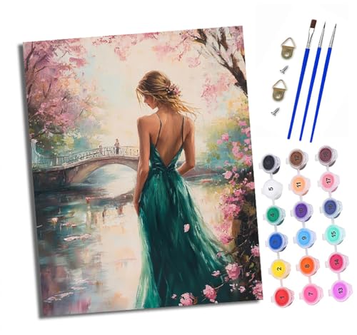 XXHXIE Malen Nach Zahlen Erwachsene-DIY Handgemalt Ölgemälde KitBlumenmädchen am Flussufer für Anfänger Mit 3-Pinseln und Acrylfarbe Handgemalt öLgemäLde Kit Als Geschenk 40x50cm (Rahmenlos) von XXHXIE