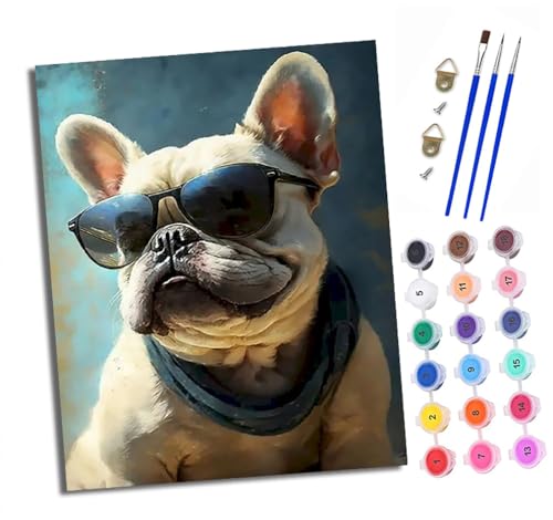 XXHXIE Malen Nach Zahlen Erwachsene-DIY Handgemalt Ölgemälde KitBulldogge mit Sonnenbrille für Anfänger Mit 3-Pinseln und Acrylfarbe Handgemalt öLgemäLde Kit Als Geschenk 40x50cm (Rahmenlos) von XXHXIE