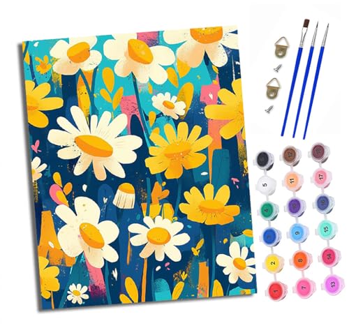 XXHXIE Malen Nach Zahlen Erwachsene-DIY Handgemalt Ölgemälde KitBunte Gänseblümchen für Anfänger Mit 3-Pinseln und Acrylfarbe Handgemalt öLgemäLde Kit Als Geschenk 40x50cm (Rahmenlos) von XXHXIE