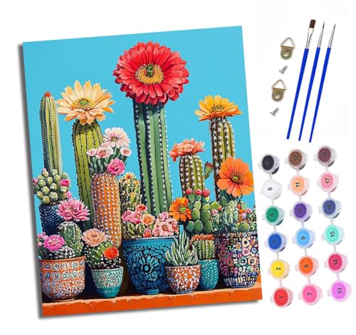 XXHXIE Malen Nach Zahlen Erwachsene-DIY Handgemalt Ölgemälde KitBunte Kaktustöpfe für Anfänger Mit 3-Pinseln und Acrylfarbe Handgemalt öLgemäLde Kit Als Geschenk 40x50cm (Rahmenlos) von XXHXIE