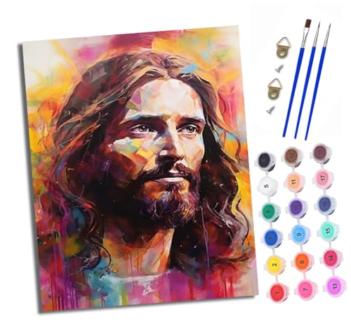XXHXIE Malen Nach Zahlen Erwachsene-DIY Handgemalt Ölgemälde KitBunter Jesus für Anfänger Mit 3-Pinseln und Acrylfarbe Handgemalt öLgemäLde Kit Als Geschenk 40x50cm (Mit Rahmen) von XXHXIE