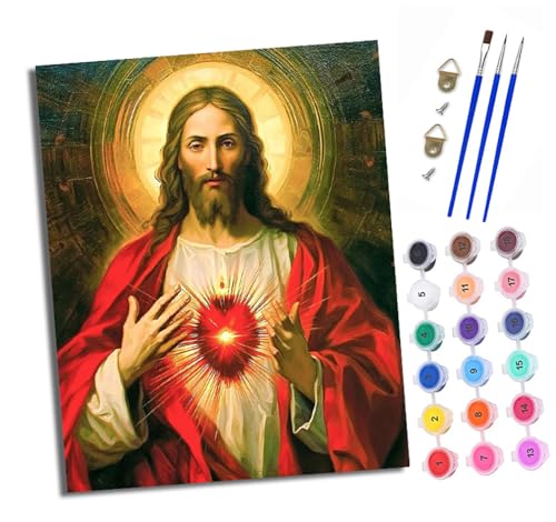 XXHXIE Malen Nach Zahlen Erwachsene-DIY Handgemalt Ölgemälde KitDas Herz Jesu glüht für Anfänger Mit 3-Pinseln und Acrylfarbe Handgemalt öLgemäLde Kit Als Geschenk 40x50cm (Mit Rahmen) von XXHXIE