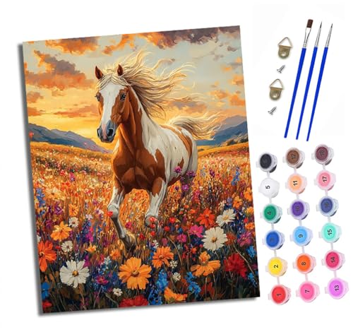 XXHXIE Malen Nach Zahlen Erwachsene-DIY Handgemalt Ölgemälde KitEin Pferd im Blumenmeer für Anfänger Mit 3-Pinseln und Acrylfarbe Handgemalt öLgemäLde Kit Als Geschenk 40x50cm (Rahmenlos) von XXHXIE
