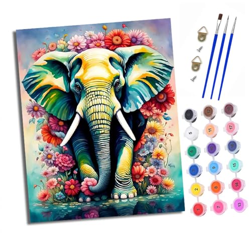 XXHXIE Malen Nach Zahlen Erwachsene-DIY Handgemalt Ölgemälde KitElefant zwischen Blumen für Anfänger Mit 3-Pinseln und Acrylfarbe Handgemalt öLgemäLde Kit Als Geschenk 40x50cm (Rahmenlos) von XXHXIE