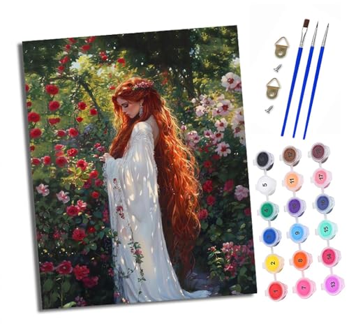 XXHXIE Malen Nach Zahlen Erwachsene-DIY Handgemalt Ölgemälde KitGarten lange Haare Mädchen für Anfänger Mit 3-Pinseln und Acrylfarbe Handgemalt öLgemäLde Kit Als Geschenk 40x50cm (Rahmenlos) von XXHXIE