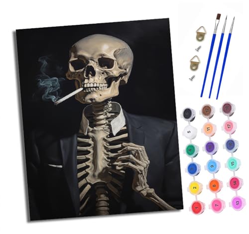 XXHXIE Malen Nach Zahlen Erwachsene-DIY Handgemalt Ölgemälde KitGentleman Skelett Rauchen für Anfänger Mit 3-Pinseln und Acrylfarbe Handgemalt öLgemäLde Kit Als Geschenk 40x50cm (Rahmenlos) von XXHXIE