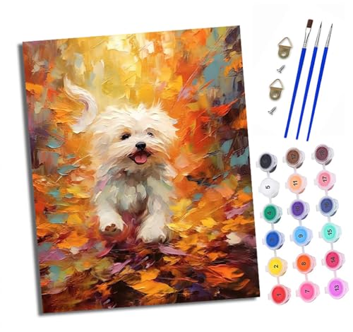 XXHXIE Malen Nach Zahlen Erwachsene-DIY Handgemalt Ölgemälde KitGlücklicher Bichon Frisé für Anfänger Mit 3-Pinseln und Acrylfarbe Handgemalt öLgemäLde Kit Als Geschenk 40x50cm (Rahmenlos) von XXHXIE