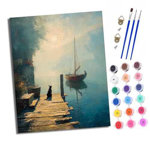 XXHXIE Malen Nach Zahlen Erwachsene-DIY Handgemalt Ölgemälde KitHund und Segelboot am Dock für Anfänger Mit 3-Pinseln und Acrylfarbe Handgemalt öLgemäLde Kit Als Geschenk 40x50cm (Mit Rahmen) von XXHXIE