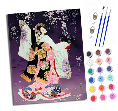 XXHXIE Malen Nach Zahlen Erwachsene-DIY Handgemalt Ölgemälde KitJapanische Geisha im Kimono für Anfänger Mit 3-Pinseln und Acrylfarbe Handgemalt öLgemäLde Kit Als Geschenk 40x50cm (Rahmenlos) von XXHXIE
