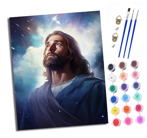 XXHXIE Malen Nach Zahlen Erwachsene-DIY Handgemalt Ölgemälde KitJesus schaut zu den Sternen empor für Anfänger Mit 3-Pinseln und Acrylfarbe Handgemalt öLgemäLde Kit Als Geschenk 40x50cm (Rahmenlos) von XXHXIE