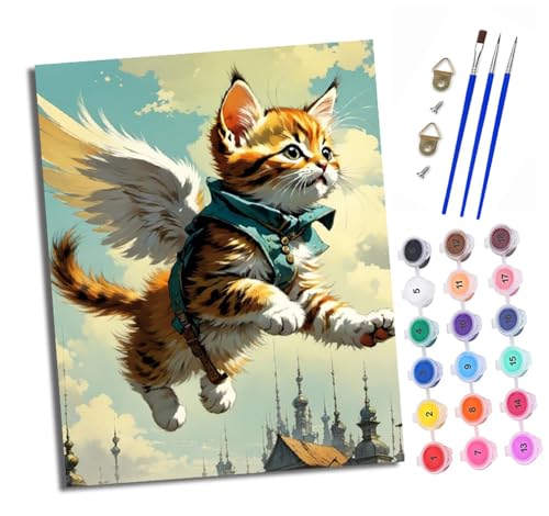 XXHXIE Malen Nach Zahlen Erwachsene-DIY Handgemalt Ölgemälde KitKätzchen mit Flügeln für Anfänger Mit 3-Pinseln und Acrylfarbe Handgemalt öLgemäLde Kit Als Geschenk 40x50cm (Rahmenlos) von XXHXIE