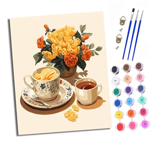 XXHXIE Malen Nach Zahlen Erwachsene-DIY Handgemalt Ölgemälde KitKaffee- und Pasta-Bouquet für Anfänger Mit 3-Pinseln und Acrylfarbe Handgemalt öLgemäLde Kit Als Geschenk 40x50cm (Mit Rahmen) von XXHXIE