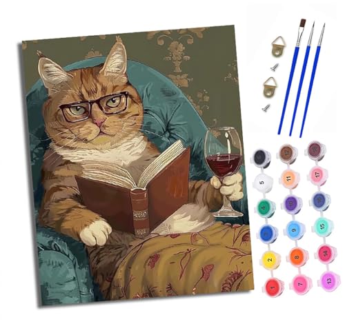 XXHXIE Malen Nach Zahlen Erwachsene-DIY Handgemalt Ölgemälde KitKatzenlesung und Weinprobe für Anfänger Mit 3-Pinseln und Acrylfarbe Handgemalt öLgemäLde Kit Als Geschenk 40x50cm (Rahmenlos) von XXHXIE