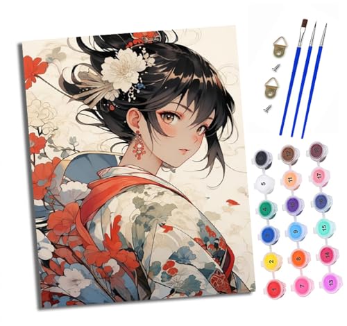 XXHXIE Malen Nach Zahlen Erwachsene-DIY Handgemalt Ölgemälde KitKimono Mädchen Blumen für Anfänger Mit 3-Pinseln und Acrylfarbe Handgemalt öLgemäLde Kit Als Geschenk 40x50cm (Rahmenlos) von XXHXIE