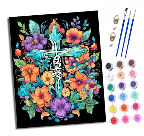 XXHXIE Malen Nach Zahlen Erwachsene-DIY Handgemalt Ölgemälde KitKreuz, umgeben von Blumen für Anfänger Mit 3-Pinseln und Acrylfarbe Handgemalt öLgemäLde Kit Als Geschenk 40x50cm (Rahmenlos) von XXHXIE